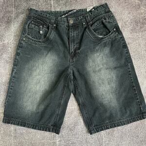 Mens Vintage Y2K Infamous Raider Jean Co 13" Baggy Black Denim Jean Shorts Sz 36